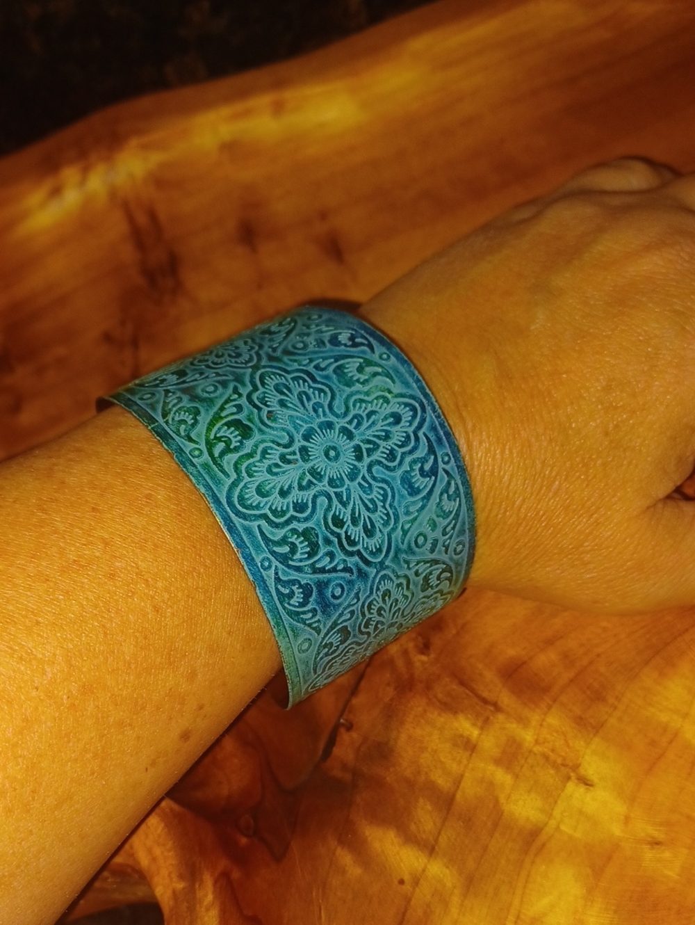 Matr Boomie Etched Floral Brass Wide Cuff Bracelet Green Verdigris Retired Rare